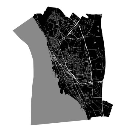 Carte de Helsingborg, Suède. Carte détaillée des vecteurs de la ville, zone métropolitaine avec frontière. Carte de rue en noir et blanc avec routes et eau.
