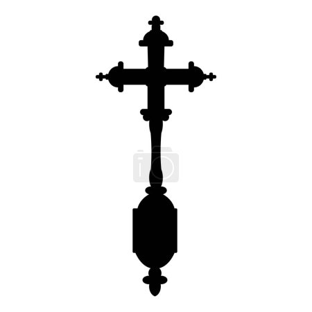 Elegant hand-held cross shape, ornamental outline, Christian symbol. Flat design illustration.