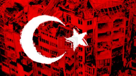 Die Türkei-Flagge auf der rissigen Erde. Nationalflagge der Türkei. Erdbebenkonzept.