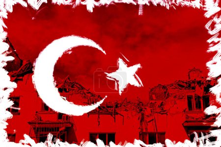 Turkey flag on the destroyed building. Earthquake concept.