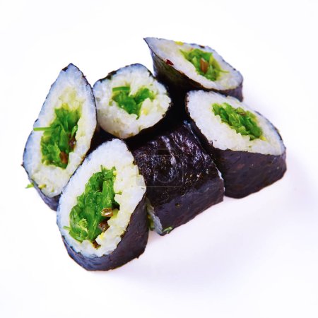 Photo for Sushi rolls with hiashi seaweed. Vegetarian maki rolls. Low calorie meal. Japanese food. Asian cuisine. White background. Close-up. Soft focus - Royalty Free Image