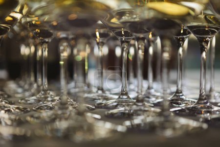 Photo for Glasses with white and red wine. Catering services. Glasses with wine in row background at restaurant party. Shallow dof. - Royalty Free Image