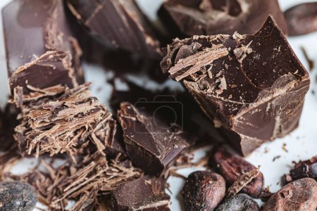 Photo for Cocoa beans with chocolate on a white background. Shalllow dof. Top view - Royalty Free Image