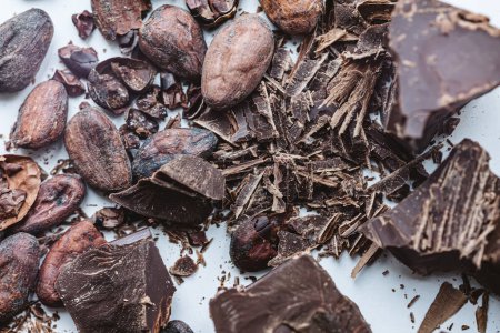 Foto de Frijoles de cacao con chocolate sobre fondo blanco. Shalllow dof. Vista superior - Imagen libre de derechos