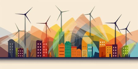 Illustration for Ecology concept with wind turbines and city skyline. Vector illustration - Royalty Free Image