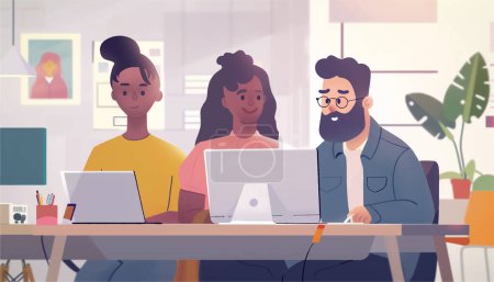 Illustration for Casual teamwork - Diverse team of people working together with computers. Unity and support between colleagues concept. Flat vector illustration. - Royalty Free Image