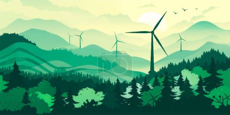 Ilustración de Concepto de energía verde. Silueta de paisaje vista de la turbina de energía eólica entre la colina de la montaña con el cielo por la mañana temprano y espacio de copia para el texto en el cielo - Imagen libre de derechos