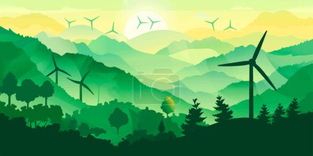 Ilustración de Concepto de energía verde. Silueta de paisaje vista de la turbina de energía eólica entre la colina de la montaña con el cielo por la mañana temprano y espacio de copia para el texto en el cielo - Imagen libre de derechos
