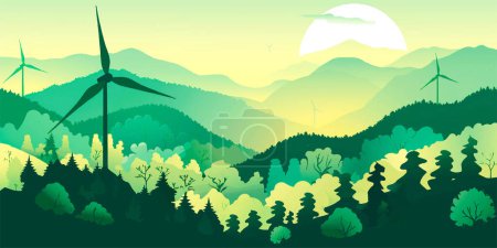 Illustration for Green energy concept. Silhouette of landscape view of wind power turbine among mountain hill with sky in the early morning and copy space for text in the sky - Royalty Free Image