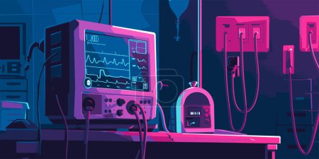 Illustration for Heart monitor with ECG lines on the background of critical patient in the intensive care unit. - Royalty Free Image