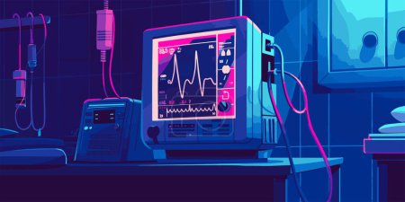 Illustration for Heart monitor with ECG lines on the background of critical patient in the intensive care unit. - Royalty Free Image