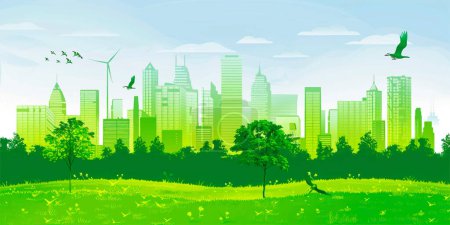 Ilustración de Paisaje de Green City con edificios, colinas y árboles. Concepto de energía ecológica y verde - Imagen libre de derechos