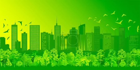 Ilustración de Paisaje de Green City con edificios, colinas y árboles. Concepto de energía ecológica y verde - Imagen libre de derechos