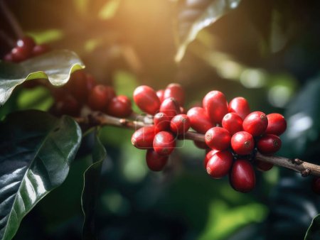 Botanisches Foto einer roten Kaffeepflanze Bohnen aus nächster Nähe