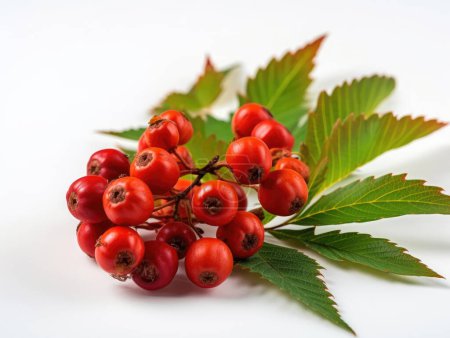 Red rowan with green leaf on white background