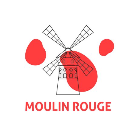 Téléchargez les illustrations : Moulin Rouge Line Concept. Illustration vectorielle des grandes lignes du symbole d'architecture de voyage de bâtiment. - en licence libre de droit