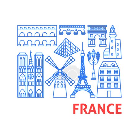 Téléchargez les illustrations : France Line Objects. Illustration vectorielle des grandes lignes du symbole d'architecture de voyage de bâtiment. - en licence libre de droit
