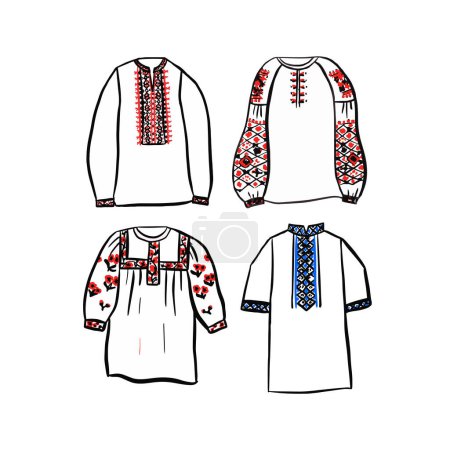Ukrainian Embroidery Shirt Isolated Set. Vector Illustration of Sketch Doodle Hand drawn Cultural Clothes.