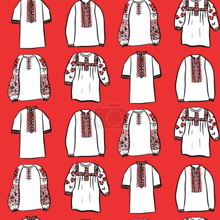 Illustration for Red Ukraine Embroidery Shirt Seamless Pattern. Vector Illustration of Sketch Doodle Hand drawn Ukrainian Cultural Clothes. - Royalty Free Image