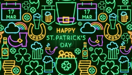 Saint Patrick Day Neon Banner. Vector Illustration of Green 17 March Holiday Glowing Led Electric Light.