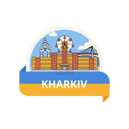 Label Kharkiv Flat Line Concept. Illustration vectorielle de l'architecture de pays de l'Université d'Ukraine.