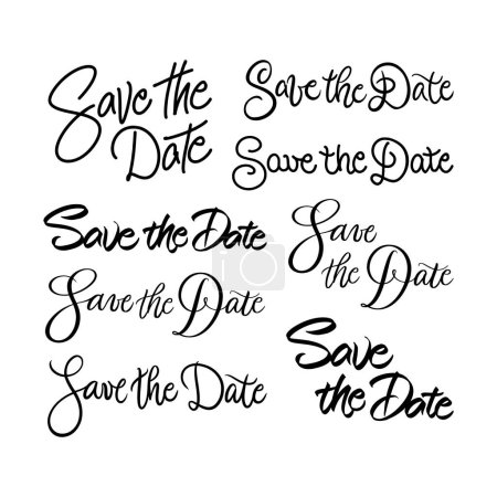 Lettering Save the Date Set. Curly Copperplate font vector. Calligraphy script. Vintage Handwritten classic elegant typeface. Wedding day. Love couple. Brushpen and monoline.