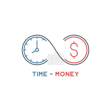 Photo for Thin line time is money concept. outline infinity symbol with clock and coin. linear future income logo. editable stroke. isolated on white background. vector illustration - Royalty Free Image