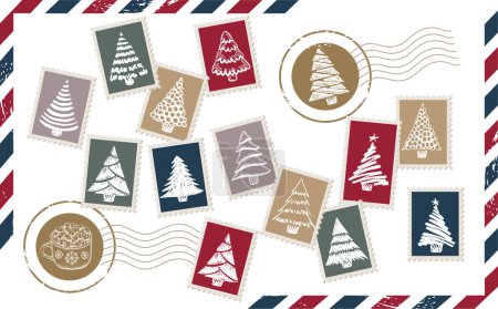 Illustration for Christmas Stamps hand drawn set. Vector. - Royalty Free Image