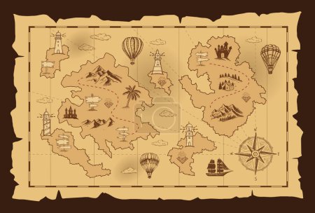 Illustration for Vector sketch of an old pirate treasure map. Hand-drawn illustrations, vector. - Royalty Free Image