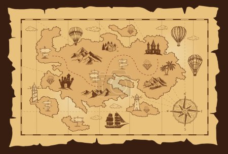 Dibujo vectorial de un viejo mapa del tesoro pirata. ilustraciones dibujadas a mano, vector.