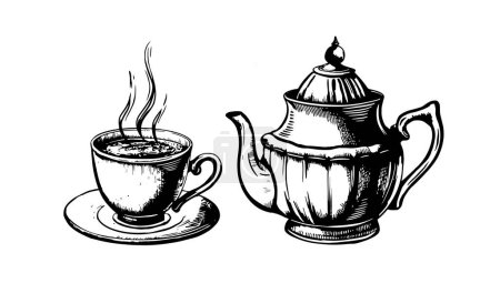 Téléchargez les illustrations : Thé tasse et théière dessinée à la main, dessin isolé sur blanc - en licence libre de droit