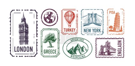 Illustration for Collection of city stamps, London, Turkey, Greece, New York, Pisa, Mountains - Royalty Free Image