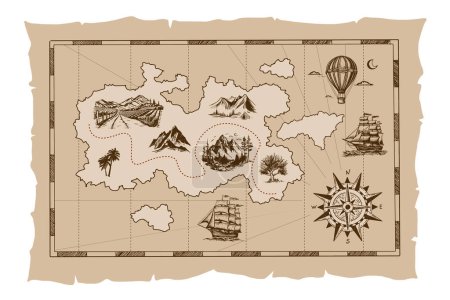 Pirate old map hand drawn Illustration.