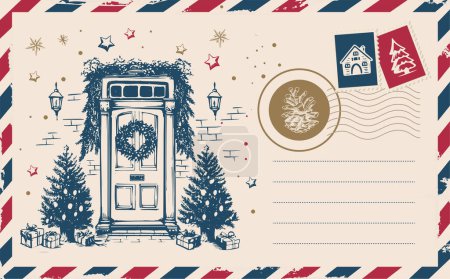 Illustration for Christmas mail, postcard, Door decoration, hand drawn illustration. - Royalty Free Image