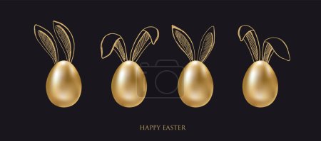 Téléchargez les illustrations : Joyeux Pâques. Des oreilles de lapin. Des œufs d'or. Illustration dessinée main. - en licence libre de droit