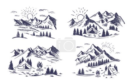 Ilustración de Camping en la naturaleza, Paisaje de montaña, estilo boceto, ilustraciones vectoriales. - Imagen libre de derechos