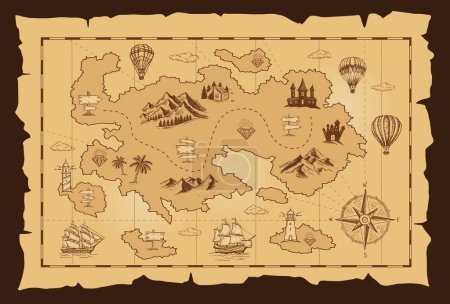 Illustration for Old treasure map vector sketch. Hand drawn illustrations, vector. - Royalty Free Image