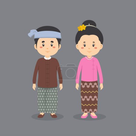 Illustration for Couple Character Wearing Myanmar Traditional Dress - Royalty Free Image