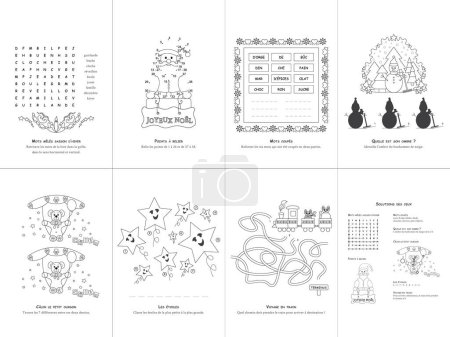 Illustration for Set of seven games. Christmas Theme. Game and coloring page for kids. French language. Vector illustration. Set No. 3. - Royalty Free Image