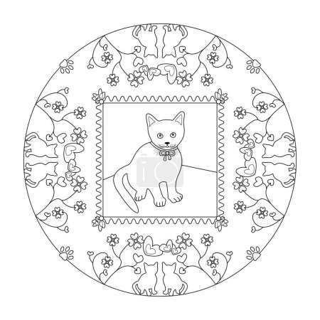 Mandala. Cat sitting. Heart shaped flower and cat silhouette. Coloring page. Vector illustration.