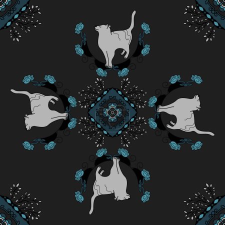 Patrón sin costuras. Mandala. Lindo gato. Gris oscuro y azul turquesa. Ilustración vectorial.