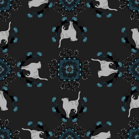 Seamless Pattern. Mandala. Cute Cat. Dark gray and Turquoise blue. Vector illustration.