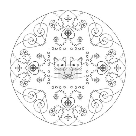 Cat Mandala with Hearts and Flowers. Coloring page. Art therapy.