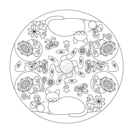 Mandala. Relaxed Cat with eyes closed. Butterflies and Flowers. Coloring page.