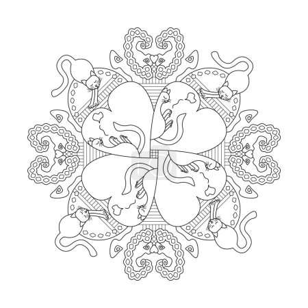 Cat Mandala. Cat stretching and Cat sleeping. Cute. Coloring page.