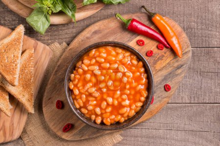 Photo for Chili beans on wooden table background. Kidney beans and vegetable Mexican food. - Royalty Free Image