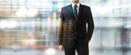 Photo for Handsome  businessman in swanky modern stylish suit plan graph growth and increase of chart positive indicators in his business - Royalty Free Image