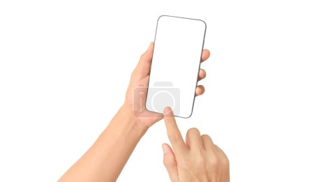 Téléchargez les photos : Hand holding smartphone device touching screen - en image libre de droit