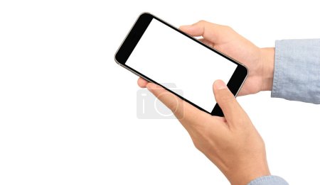 Foto de Hand holding smartphone device touching screen - Imagen libre de derechos