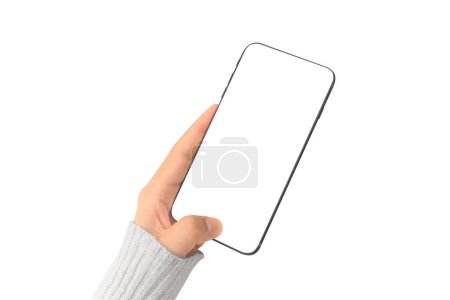 Téléchargez les photos : Hand holding smartphone device touching screen - en image libre de droit